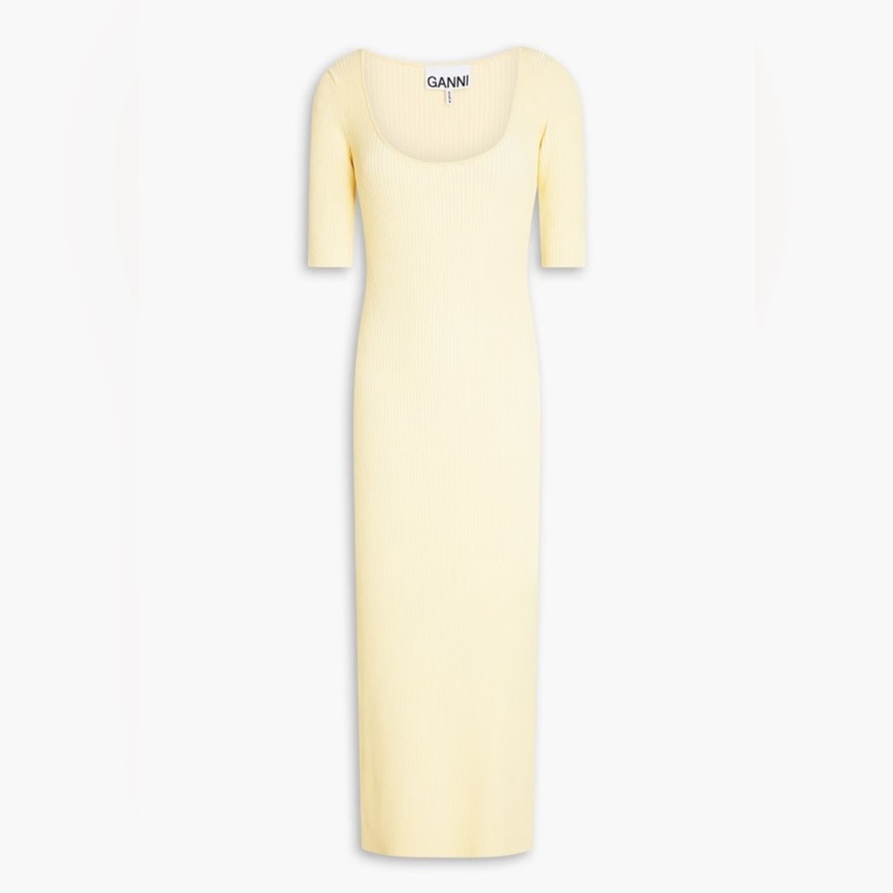 Ganni melange Pale Yellow Ribbed Scoop-Neck Knit midi Dress size medium